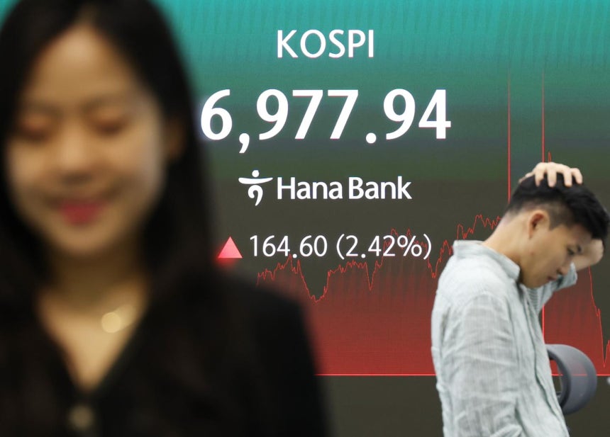 14일 서울 중구 하나은행 본점 딜링룸 전광판에 코스피 종가가 표시돼 있다.이날 코스피는 164.60포인트(2.42%) 오른 6,977.94로 거래를 종료했다.연합뉴스