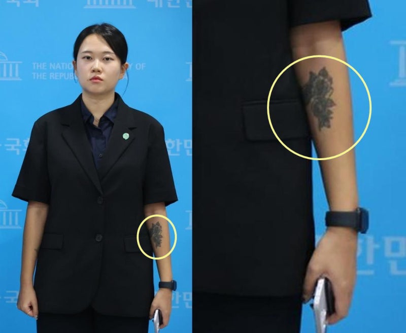 용혜인 의혹 해명 자리서 '꽃 문신' 드러낸 부대변인… 누리꾼들 갑론을박