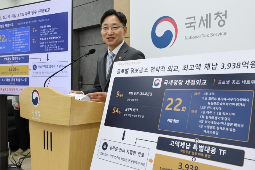 임광현 국세청장이 7일 정부세종청사에서 고액체납 특별대응 TF 활동 결과를 발표하며 권혁 시도그룹 회장의 체납액 완납 결정을 설명하고 있다. 세종=연합뉴스