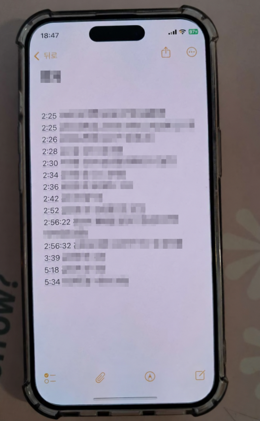 전통예술고등학교 3학년 재학 당시인 지난해 5월 6일 동급 남학생 2명으로부터 성폭행을 당한 피해자가 작성한 성폭행 발생 당시 시간대별 기록. 학교, 경찰, 교육청 등 복수의 기관에 제출됐다. 경기 안양만안경찰서는
