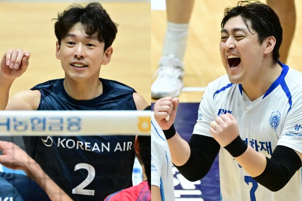 대한항공 한선수(왼쪽)와 삼성화재 유광우. [KOVO 제공]
