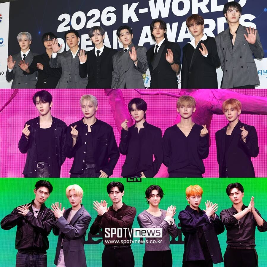 2026 K-WORLD DREAM AWARDSなどに登場したATEEZ、TOMORROW X TOGETHER、ENHYPENの写真を並べた画像