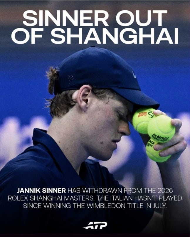ATP 투어도 3일 야닉 시너의 상하이 마스터스 불출전 사실을 알렸다.