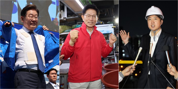 제21대 대통령 선출을 위한 공식 선거운동이 12일 시작됐다.첫 유세 일정으로 더불어민주당 이재명 대선 후보(왼쪽)는 서울 광화문 청계광장에서 출정식을 열고 방탄복 위에 선거운동복을 입었다.국민의힘 김문수 대선