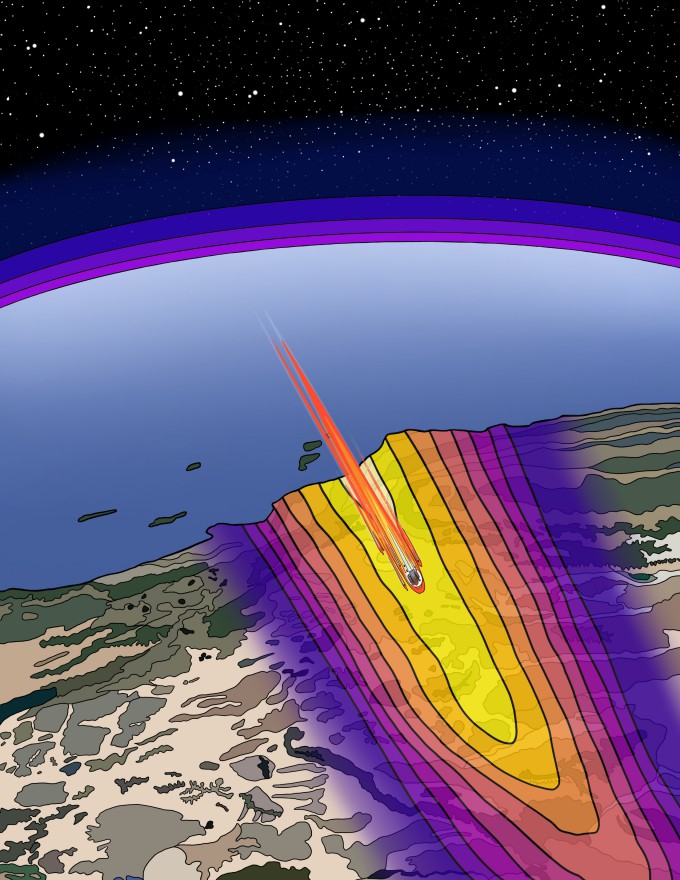 지구 대기권에 진입하는 궤도 잔해가 미국 캘리포니아 상공에서 분해되며 음속 돌파음인 소닉붐이 발생하는 모습을 그린 그림.소닉붐이 지면까지 전달되면서 지진계에 기록된다.Sophia Economon,Benjamin