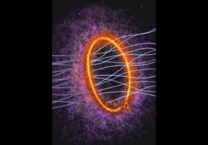 ALMA 관측 데이터를 바탕으로 재현한 황소자리 분자운 속 어린 별 상상도. 아래쪽 어린 별과 원반에서 가스가 거대한 고리 형태로 뻗어 나오고 자기력선(흰 선)이 고리 내부를 관통하는 모습을 묘사했다. Y. Naka