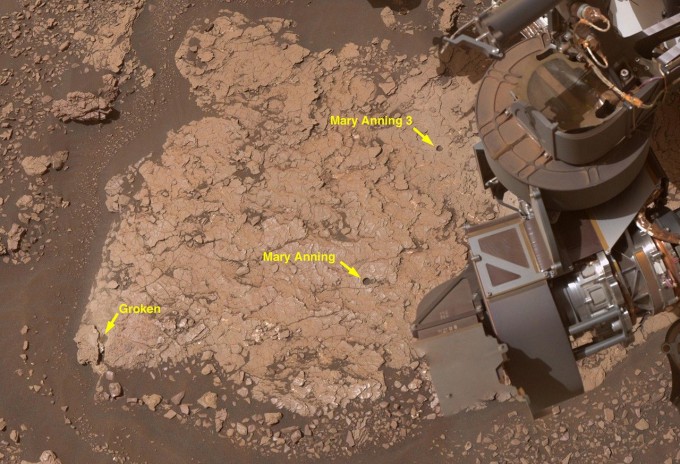 큐리오시티가 화성 글렌 토리돈 지역에서 암석 샘플을 채취한 지점 3개.NASA/JPL-Caltech/MSSS 제공