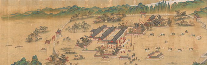 1664년 함경도 길주목에서 실시된 문무과 과거시험을 그린 기록화‘북새선은도.그림 왼편에 성곽 안에서 나란히 서서 문과시험을 치르는 이들의 모습이 나타나 있다.국립중앙박물관 제공