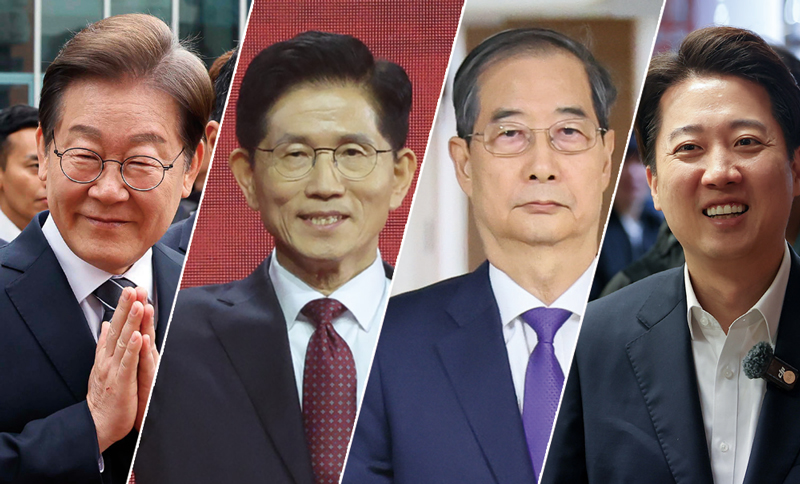 왼쪽부터 이재명 더불어민주당 대선후보,김문수 국민의힘 대선후보,한덕수 무소속 대선후보,<a href=