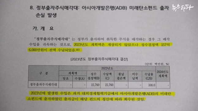 국회 예결산특별위원회의 '2023 회계연도 결산 및 예비비지출 승인의 건' 검토 보고서.&#160;