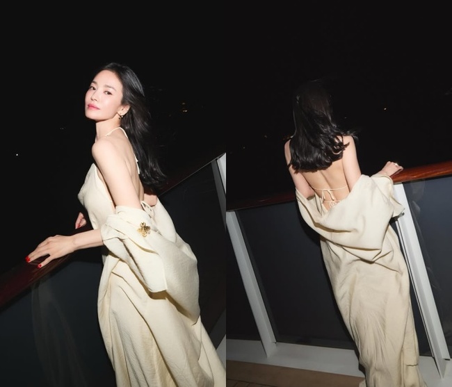 44세 송혜교, 과감한 백리스 자태…늦은 밤 크루즈 위 강림한 여신