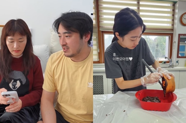 チョコレートを作るキム・ミリョの娘モアさんと、写真を見るキム・ミリョとチョン・ソンユン