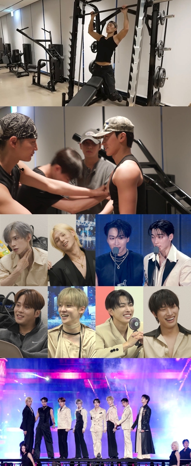 ATEEZのサンがジムで懸垂をし、メンバーが彼の胸に手を添える場面。