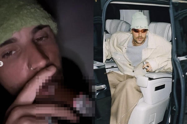 ジャスティン・ビーバーのSNS投稿を捉えた画像。葉巻を手にする姿と車内の写真が並ぶ