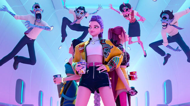 アニメ『K-POPデーモン・ハンターズ』で、ルミたちが悪霊と対峙する場面