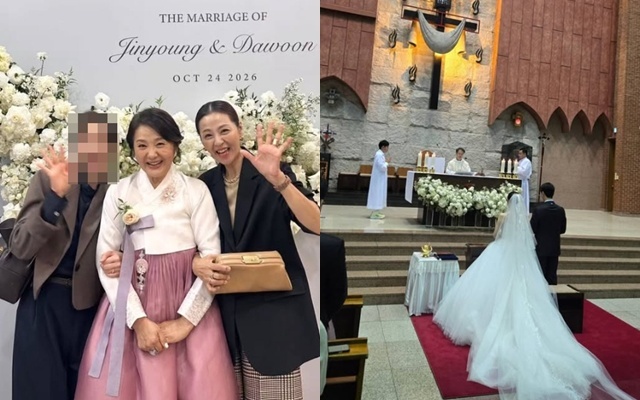 ピンクの韓服を着たチェ・ユラと俳優チョン・ヘジン、奥に見える教会での結婚式