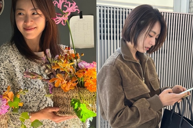 イ・ヨニがSNSに公開した2枚の写真。柄ニット姿と、短いボブヘアでスマートフォンを見る姿が並ぶ。