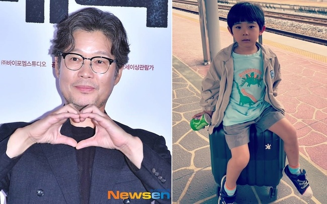 ハート形に組んだ手を見せるユ・ジェミョンと、駅のホームでスーツケースに座る幼い男児を並べた写真