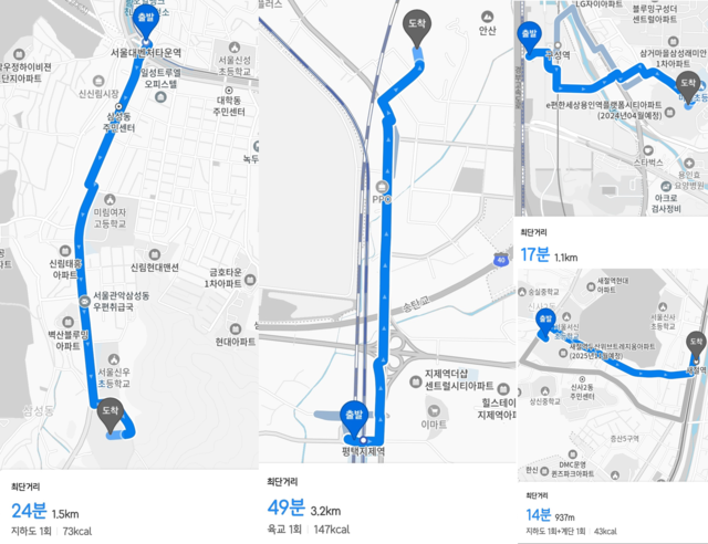 모바일 지도 앱을 통해 철도역이 포함된 아파트 단지들로부터 해당 철도역까지 도보 거리를 검색한 결과 15분 이상 소요되는 사례가 많았다. 왼쪽 위부터 △서울대벤처타운역푸르지오 △지제역반도체밸리제일풍경채2블록 △e편한