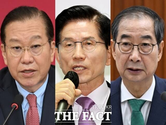 한덕수 무소속 대선 예비후보와 권영세 국민의힘 비상대책위원장이 일제히 "단일화 무산은 배신"이라며 김문수 국민의힘 대선 후보를 압박했다. (왼쪽부터) 권 위원장, 김 후보, 한 후보. /박헌우·배정한·임영무 기자
