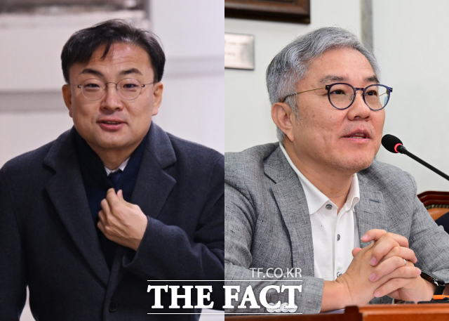 최강욱 전 더불어민주당 의원(오른쪽)이 국회 의원회관 세미나실에서 조국혁신당 당원을 대상으로 북 토크를 열고 강의료를 받은 사실이 확인됐다. 해당 공간이 신장식 혁신당 의원의 명의로 대관된 것으로 드러나면서, 국회사