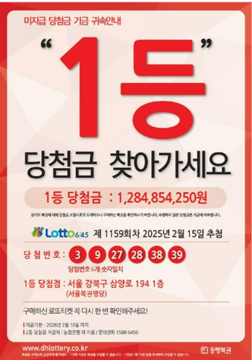 지난해 2월 15일 추첨한 1159회 로또복권 1등 미수령 당첨금 주인이 지급기한 만료일 수일 앞두고 12억원을 찾아간 것으로 확인됐다. /동행복권