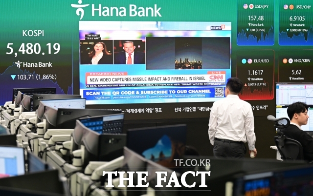 23일 코스피는 장 초반 중동 지역 지정학적 리스크가 고조된 영향으로 5%대 하락 중이다.사진은 기사 내용과 무관함./이새롬 기자