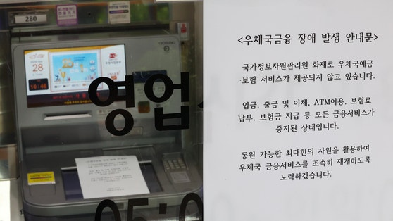 A notice about service disruptions is posted on an ATM at a post office in Seoul on Sept. 28, follow