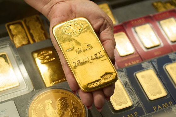 A gold bar at a shop in the St. Vincent Jewelry Center in the Jewelry District of Los Angeles on Wednesday, April 30 [AP