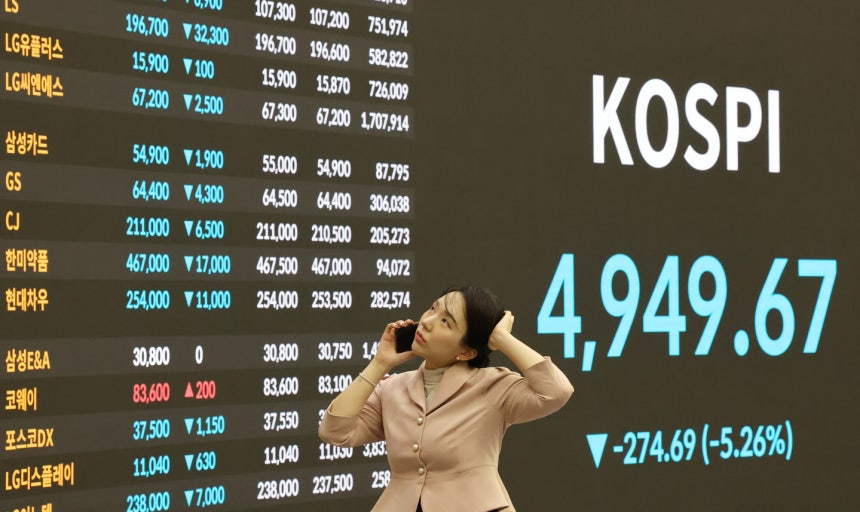 An electronic board shows the Kospi closing at 4,949.67, down 274.69 points, or 5.26 percent, at the Korea Exchange in Y