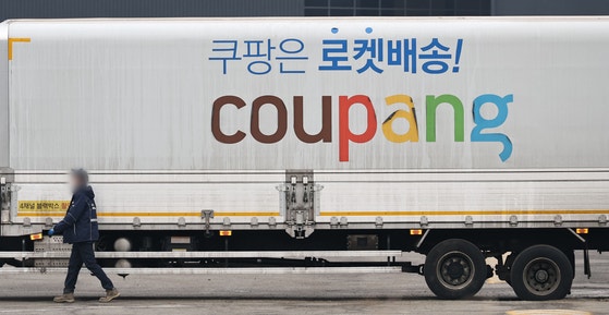 A Coupang truck is seen at a logistics center in Seoul on Feb. 10, 2026. [YONHAP]