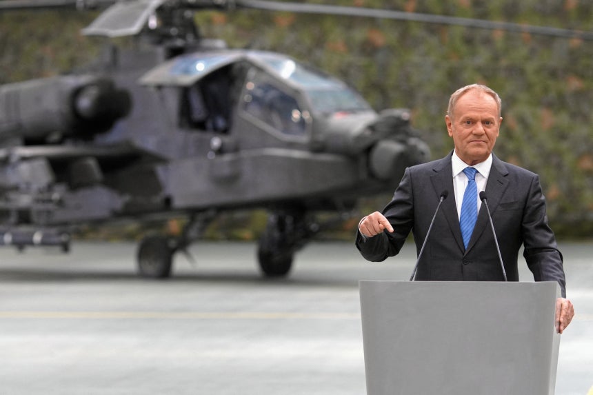 Polish Prime Minister Donald Tusk speaks at the signing of offset agreements with Lockheed Martin, w