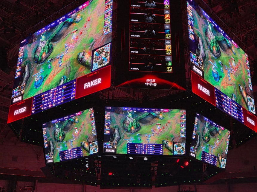 The game is displayed during T1's Home Ground event on the League of Legends Champions Korea road show in KSPO Dome in S
