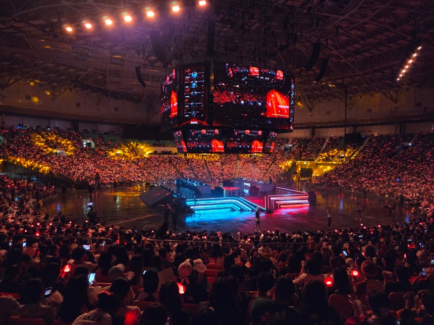 Fans cheer for the teams during at T1's Home Ground event on the League of Legends Champions Korea road show in KSP