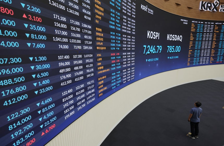 The Kospi, Kosdaq and individual stocks are displayed at the Korea Exchange in Yeouido, western Seoul, on July 8. YONHAP