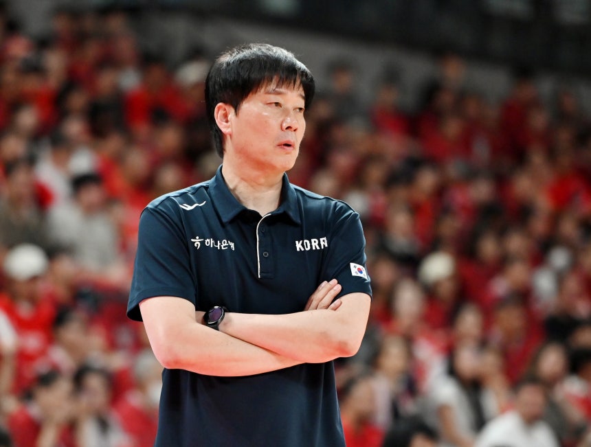 Korean head coach Park Soo-ho watches the team during an exhibition game against Japan at Ariake Arena in Tokyo on Aug. 