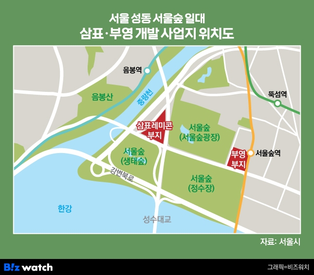 서울 성동구 서울숲 일대 삼표 부영 개발 사업지 위치도 /그래픽=비즈워치