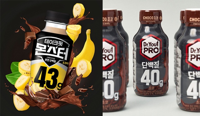 남양유업 '테이크핏 몬스터'(왼쪽),오리온,'닥터유PRO 단백질드링크 40g 초코'(오른쪽)./사진=각 사