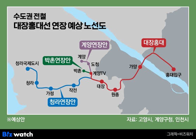2025년 4월 기준,수도권 전철 대장홍대선 연장 예상 노선도./그래픽=비즈워치