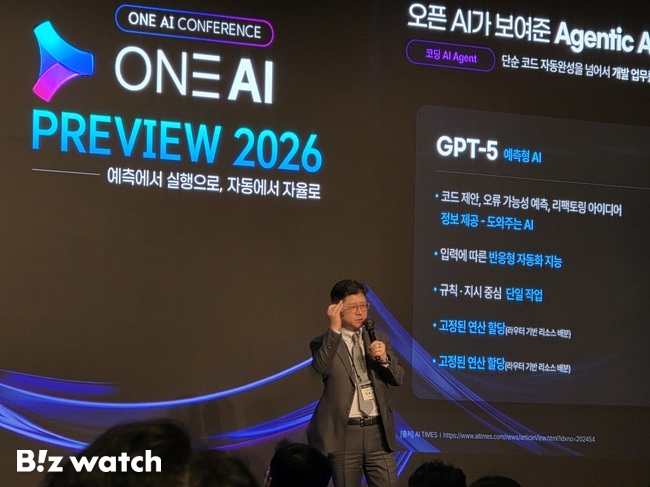 지용구 더존비즈온 부사장이 10일 서울 더 플라자 호텔에서 열린 컨퍼런스 '원 AI 프리뷰'에서 AI 기반 비즈니스 혁신 전략을 설명하고 있다./사진=김동훈 기자