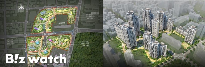 '5동'이 사업구역에서 제척된 삼익맨숀 배치도(왼쪽)와 조감도 /자료=서울시