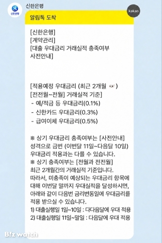 신한은행 대출 우대금리 거래실적 충족 여부 사전 안내 메시지./사진=독자 제공