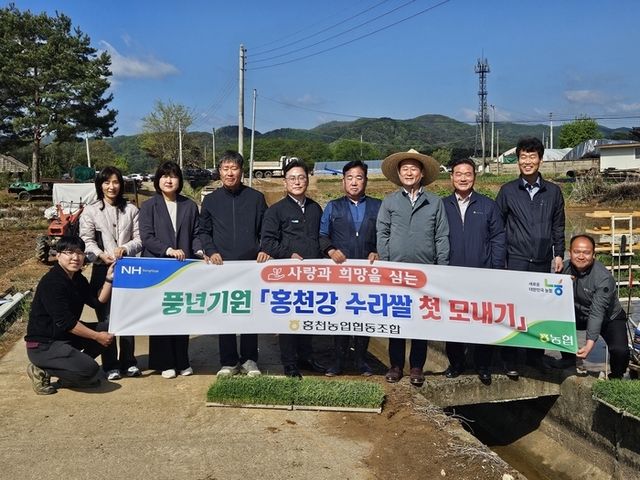 ▲ 홍천군은 지난 2일 북방면 하화계리 최영환 농가에서 신영재 군수,김준태 농협 군지부장,심영주 홍천농협 조합장 등이 참석한 가운데 올해 첫 모내기를 실시했다.