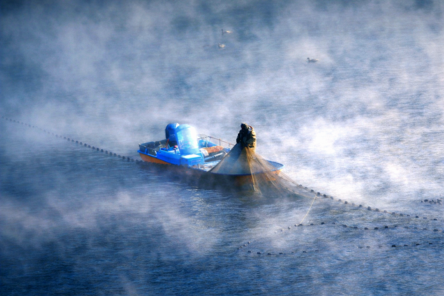 ▲ 6일 한파의 영향으로 물안개가 피어난 인제 소양호에서 어부가 조업을 하고 있다.인제군 제공