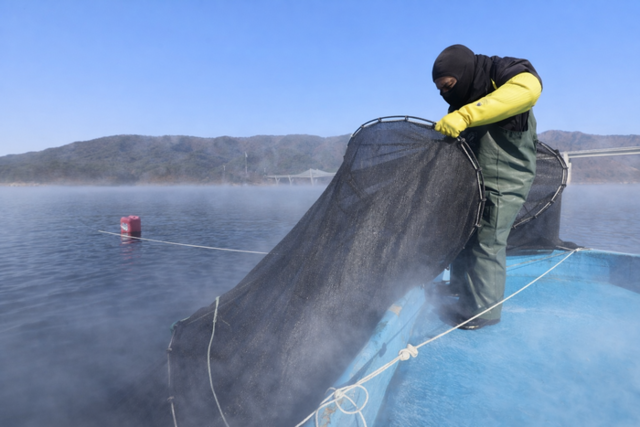 ▲ 6일 한파의 영향으로 물안개가 피어난 인제 소양호에서 어부가 조업을 하고 있다.어업인이 그물 '여들털기'를 하고 있다.인제군 제공
