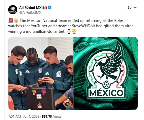 [월드컵] 멕시코 대표팀, 유튜버가 선물한 롤렉스 반납…FIFA 징계 우려