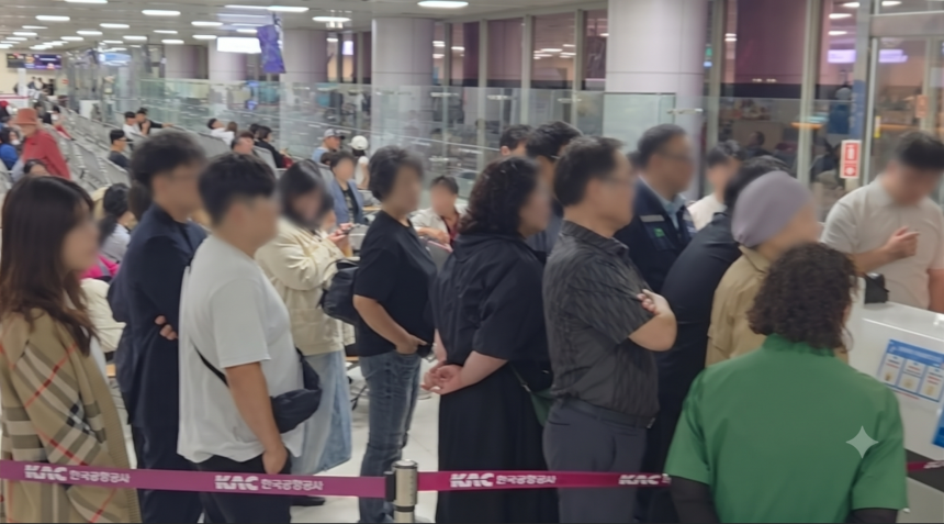 10일 오후 9시 30분경 청주국제공항 탑승구 앞에서 제주항공 기내 화재로 대피한 승객들이 항공사 측의 미흡한 대처에 거세게 항의하고 있다.2026.10.10.[사진=제보자 제공]