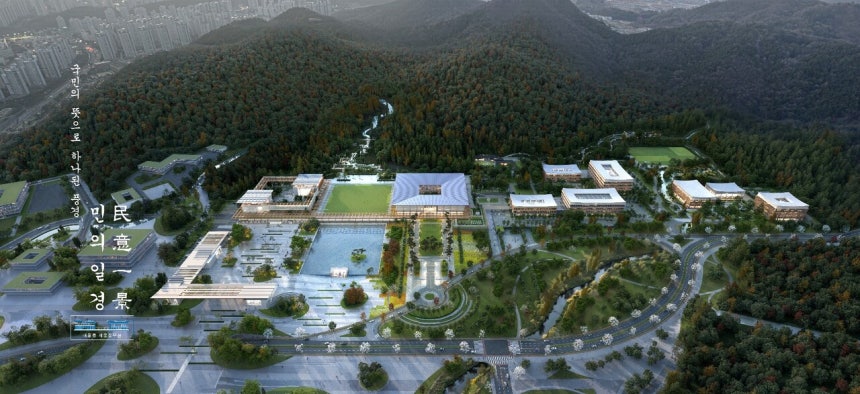 2차 심사 진출 다섯번째 작품 '민의일경' 이미지. 작품은 집무 공간과 소통 공간을 하나의 축 위에 두어 수평적으로 배치하고 열린 마당으로 연결하며, 기와와 세살문의 전통건축의 미학을 현대적 소재로 재해석하여 단아하