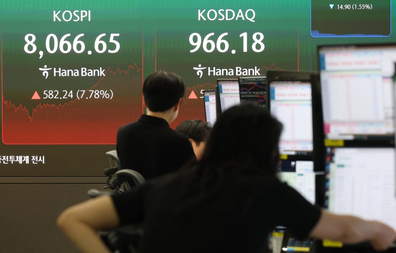 코스피 8%대 급등 마감…역대 최대 상승폭으로 '검은 월요일' 낙폭 만회
