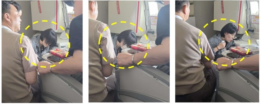 지난달 23일 중국 상하이행 항공기에서 발생한 응급상황에서 현대프리미엄아울렛 대전점 보건관리자인 이현주 사원이 승객의 상태를 확인하며 처치를 하고 있다.현대아울렛 대전점 제공